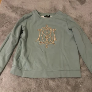 Ljusgrön långärmad tröja med broderi - Snygg ljusblå långärmad tröja med ett stort broderat mönster i vitt och guld på bröstet. Tröjan har rund halsringning och är tillverkad i mjukt bomullsmaterial. Perfekt för dig som gillar stilrena detaljer och en chill vibe.