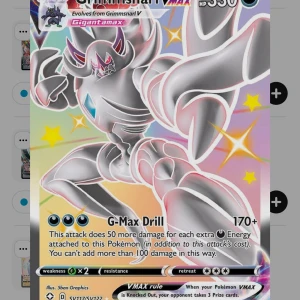 Grimmsnarl VMAX - Cool och glittrig Pokémonkort med Grimmsnarl VMAX i Gigantamax-form! Perfekt för samlare och dig som vill boosta din lek med en kraftfull och unik kort. Korten är i fint skick och har en färgstark, holografisk design som sticker ut i samlingen.