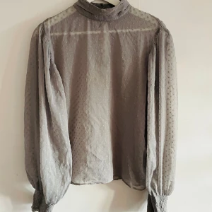 Grå blus från Carin Wester, stl 36 - Säljer en transparent grå blus från Carin Wester i storlek 36. Blusen har hög krage med knappar i nacken, lång puffärm med bred smock vid ärmslut och diskret prickigt strukturmönster i tyget. Perfekt för dig som gillar stilrena detaljer och luftig känsla.