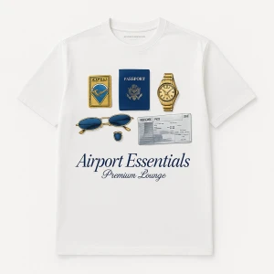 Airport Essentials vit t-shirt - Vit t-shirt med tryck av pass, solglasögon, guldklocka och boardingkort samt texten 'Airport Essentials Premium Lounge' på bröstet. Klassisk rund hals och korta ärmar. Materialet är mjuk bomull, perfekt för chill och resor.