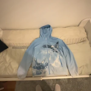 Ljusblå vindjacka med örntryck - Säljer en ljusblå vindjacka med huva och dragkedja framtill. Jackan har ett stort tryck av örnar och moln på framsidan, samt två fickor med dragkedja. Perfekt för dig som vill sticka ut med en unik stil.