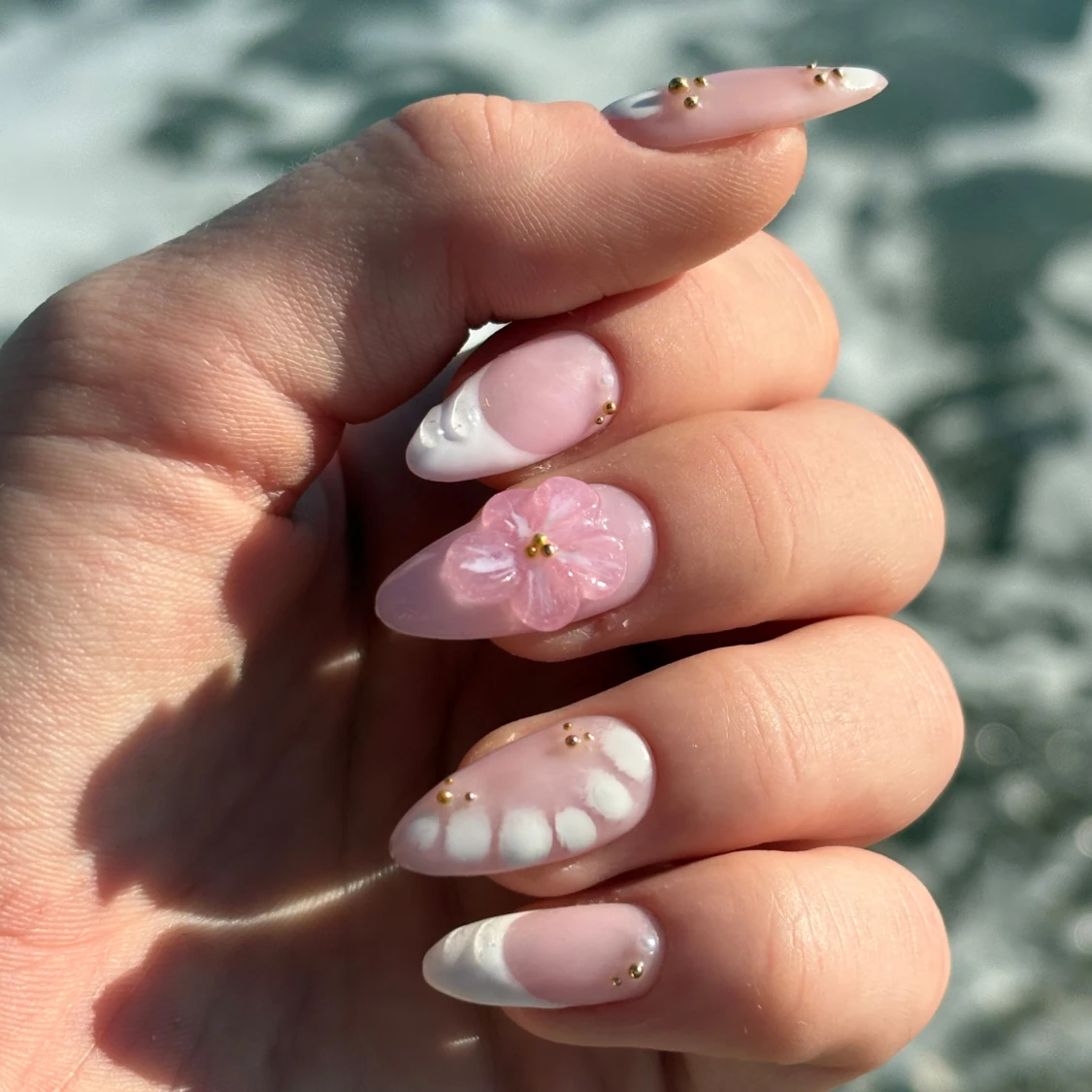 Rosa press-on naglar med 3D-blomma - 3
