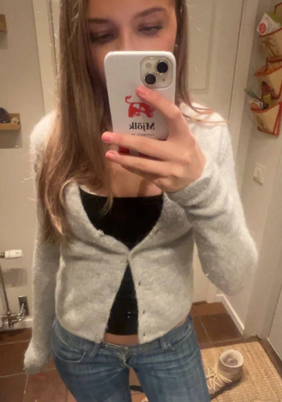 Ljusgrå croppad kofta med knappar - 1