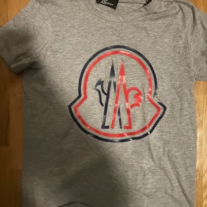 Grå Moncler t-shirt med stor logga - Snygg grå t-shirt från Moncler Grenoble med stor tryckt logga i rött och marinblått på bröstet. Klassisk rund hals och korta ärmar. Tillverkad i mjuk bomull som känns skön mot huden. Perfekt för dig som gillar stilrena och exklusiva plagg.