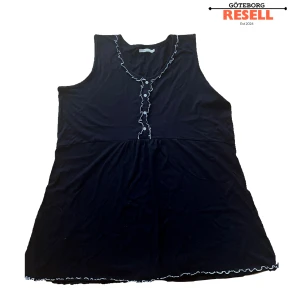 Svart klänning med volang - Svart ärmlös klänning som sitter lös på kroppen, perfekt att sova i. Kort men ganska bred i, skulle vara riktigt snygg att sy in som tight fit.  Skick 9.5/10 (helt ny)