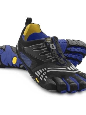 Vibram FiveFingers svarta tåskor - Unika tåskor från Vibram FiveFingers i svart med blå och gula detaljer. Skorna har individuell tådesign, snabbsnörning och meshpaneler för bra ventilation. Perfekta för barfotakänsla vid träning eller löpning. Snygg sportig look.