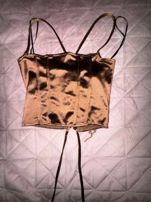 Champagnefärgad satin korsettopp - Snygg champagnefärgad korsettopp i satin med smala axelband och snörning i ryggen. Toppen har en croppad passform och glänsande finish som ger en lyxig vibe. Perfekt att styla med höga jeans eller kjol för en trendig look.