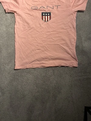Rosa GANT t-shirt med tryck - Snygg rosa t-shirt från GANT med stort tryck framtill och klassiskt GANT-emblem med stjärnor och ränder. T-shirten har rund hals och korta ärmar, perfekt för en avslappnad och stilren look.