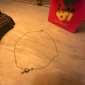 Guldhalsband med hjärta och pil - Snyggt guldhalsband med ett hängsmycke i form av ett hjärta genomborrat av en pil. Kedjan är tunn och elegant, perfekt för att ge din look lite extra edge. Märket är L8 Hasselblad, vilket syns på presentpåsen i bakgrunden.