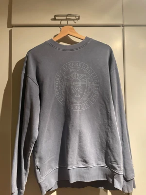 Blå sweatshirt från Yoke - Snygg blå sweatshirt från Yoke i storlek S med stort tryck på bröstet. Tröjan har rund hals, ribbade muddar och en relaxed passform. Jätte skön och är helt ny.