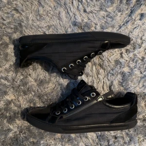 Svarta Louis Vuitton sneakers med dragkedja - Säljer ett par svarta Louis Vuitton sneakers i skinn och textil med coola metalldetaljer och dragkedja på sidan. Skorna har snörning, rund tå och platt sula. Perfekta för dig som gillar exklusiva och stilrena sneakers med lyxig känsla.
