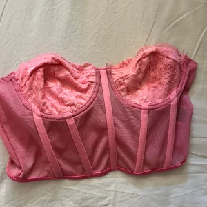 Rosa spetskorsett med meshdetaljer - Säljer en snygg rosa korsett med spets över bysten och meshpaneler framtill. 