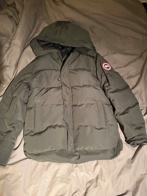 Grå dunjacka från Canada Goose - Säljer en grå Canada Goose dunjacka i storlek M. Jackan har huva, två stora fickor framtill och klassisk patch på ärmen. Fylld med dun för maxad värme och har dragkedja samt tryckknappar. Perfekt för kalla dagar och riktigt snygg streetstil.