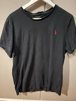 Blå t-shirt från Polo Ralph Lauren - Klassisk blå t-shirt från Polo Ralph Lauren i custom slim fit. T-shirten har korta ärmar och den ikoniska röda logobroderingen på bröstet. Tillverkad i mjuk bomull som känns skön mot huden. Perfekt till jeans eller shorts för en clean och enkel look.