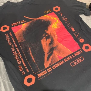 Svart Posty Co. t-shirt med tryck, Post Malone - Svart t-shirt från Posty Co. med stort orange tryck på ryggen och mindre logga framtill. T-shirten har coolt grafiskt motiv och text, rund hals och klassisk passform. Perfekt för dig som gillar streetwear och Post Malone-vibe.