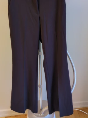 Bruna kostymbyxor - Säljer ett par bruna kostymbyxor med vida ben och pressveck. Byxorna har fickor fram och passpoalfickor bak. Klassisk och stilren modell som passar till många olika looks. Materialet ser ut att vara en mjuk och följsam textil.