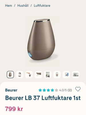 SUPERSNYGG BEURER LUFTFUKTARE - NY I ORIGINALFÖRPACKNING - Se gärna även mina övriga annonser.   Säljer denna supersnygga luftfuktare i elegant färg.  Kvitto & garanti finns.  Ej använd.  Endast funktionstestad och den fungerar galant.  Modell: Beurer LB 37  Massor av bra funktioner.