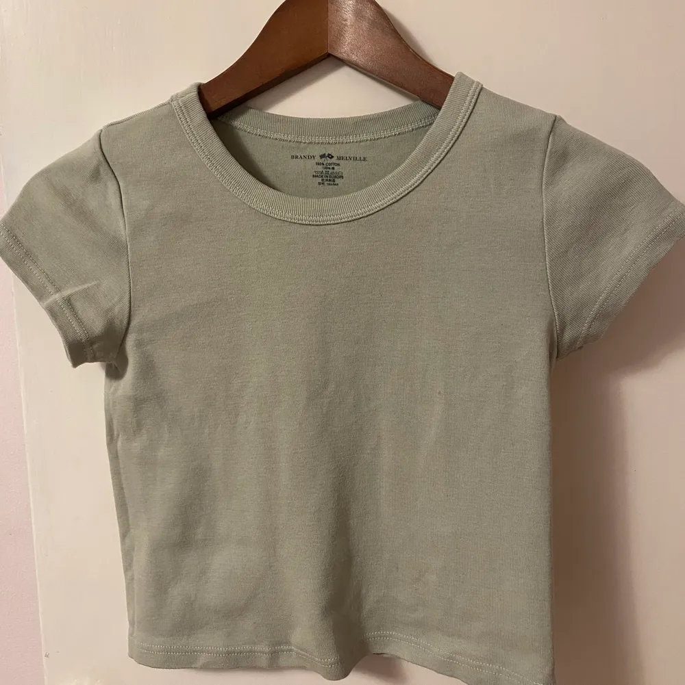 Säljer denna söta croppade t-shirt från Brandy Melville! Färgen är en jättefin ljusgrön och materialet är 100% bomull😍. Jättebra skick då den är knappt använd. Kan mötas upp i Stockholm, annars står köparen för frakt. Skriv privat om du är intresserad/har frågor💗.. T-shirts.