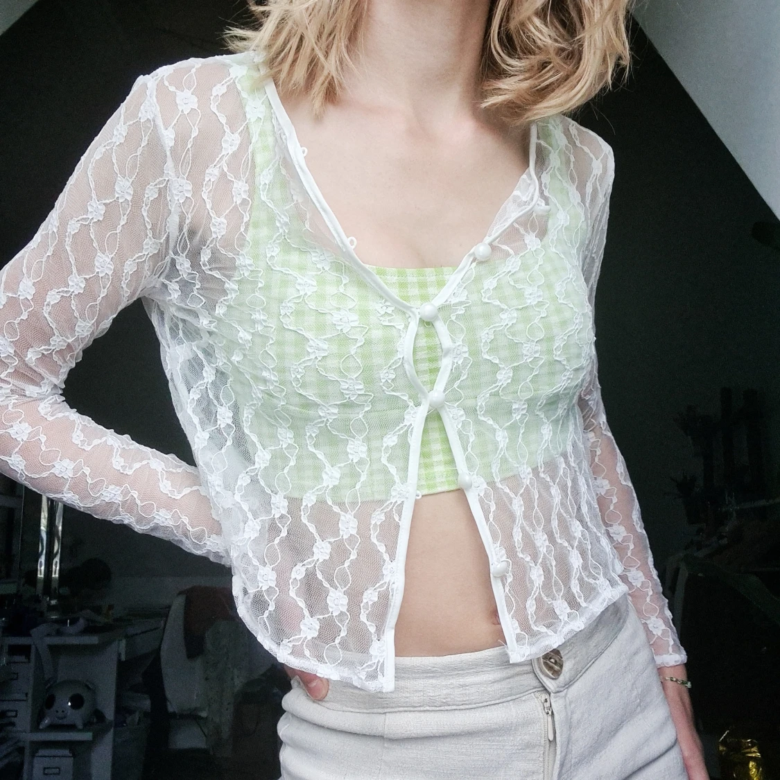 Mesh topp vit cardigan - 90