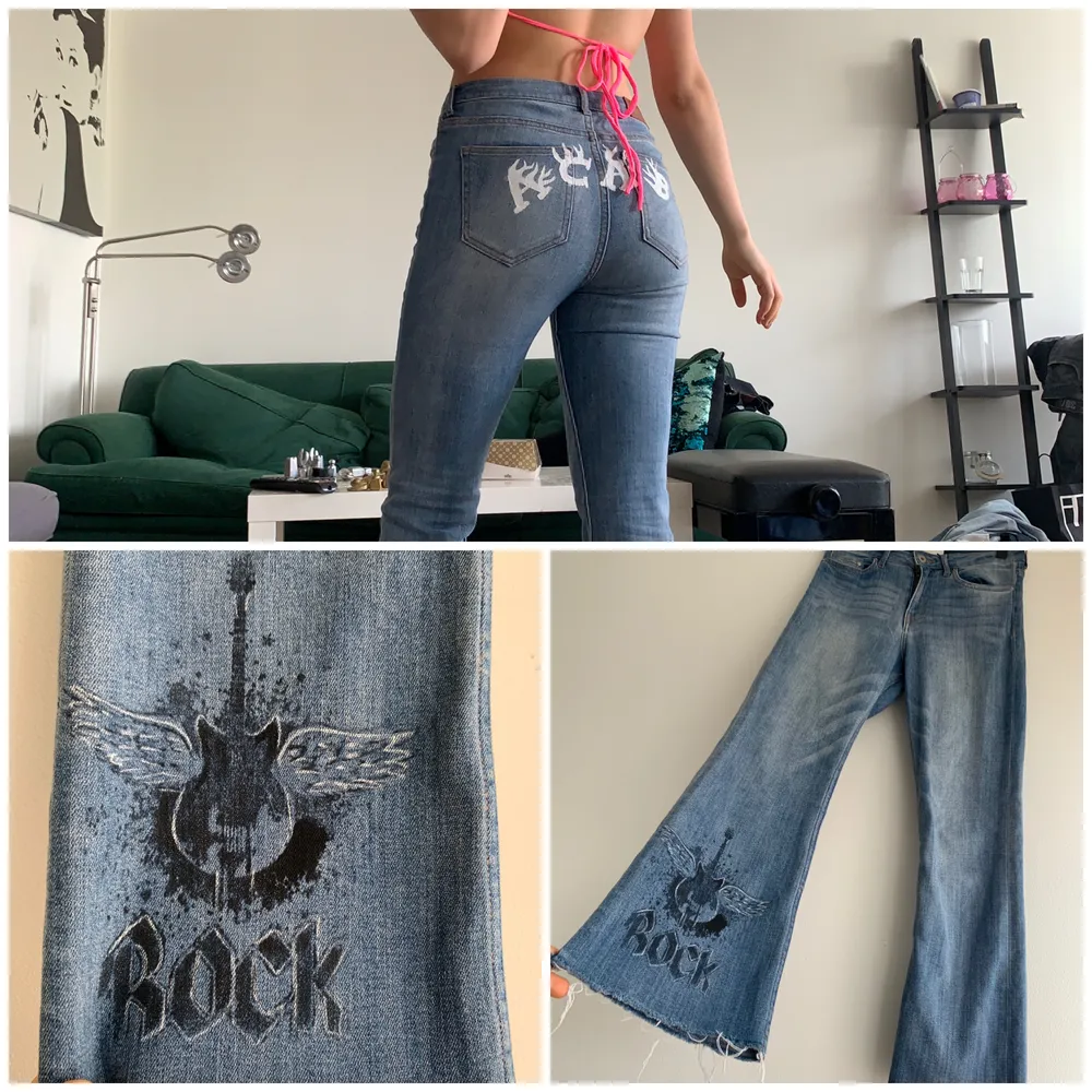 Skitballa jeans jag målat på😌💅. På da ass dtår det ”ACAB” (All Cops Are Bastards) och sen är det en rock n roll logo på högra benet. Lowkey men ändå STATEMENT och skitballa. Matchar till allt och är perfekt för dig som är 165 och under🥰🥰 . Jeans & Byxor.