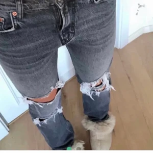 Grå zara jeans  - Säljer ett par liknande jeans som på andra bilder men de är väldigt lika de som är på första bilden också 💕de är storlek 36 och har rak passform 💕skriv gärna privat vid flera frågor eller bilder 💕köparen står för frakt 📦 lånade bilder !