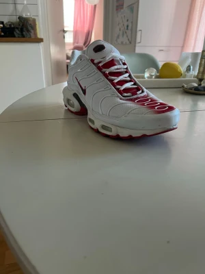 Nike Air Max Plus ej använda - Nike Air Max Plus sneakers i vitt och rött med mesh och syntetmaterial. Storlek 42, oanvända och skokartongen finns med.Skorna har den klassiska TN-loggan.