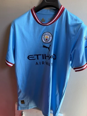 Manchester City matchtröja Puma - Snygg ljusblå Manchester City matchtröja från Puma med klubbmärke på bröstet och Etihad Airways-tryck. Rödvit randig krage och ärmslut, samt Premier League-märke på ärmen. Tillverkad i lätt och ventilerande material, perfekt för fotboll eller träning.