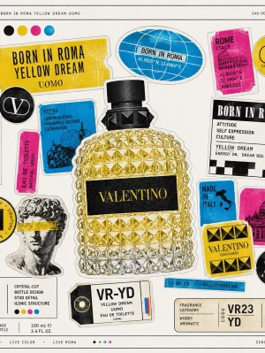Valentino Born In Roma Yellow Dream - Valentino Born In Roma Yellow Dream Uomo är en parfym med en kristallmönstrad flaska i gult och svart. Doften har noter av citron, ananas och cederträ. Flaskan har en lyxig design med svart kork och tydlig Valentino-logga. Förpackningen är svart med gul text.