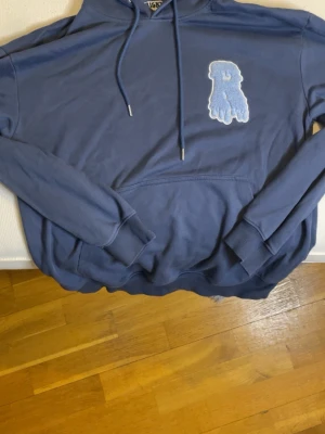 Blå hoodie från Risky - Snygg blå hoodie från Risky med stor ficka framtill, huva med dragsko och trycket 'RISKY' i droppande stil på huvan. På bröstet finns en blå patch i form av en figur. 