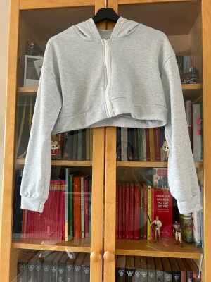 Ljusgrå cropped hoodie med dragkedja - Säljer en ljusgrå cropped hoodie med dragkedja framtill och huva. Hoodien har långa ärmar med muddar och är tillverkad i mjukt sweatshirtmaterial. Perfekt för en avslappnadlook.  SHEIN - M - använd fåtal gånger 