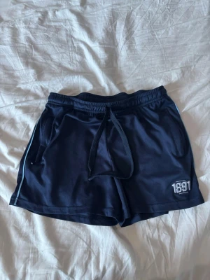 Dif shorts - Säljer ett par mörkblå sportiga shorts med snörning i midjan och vita detaljer längs sidorna. Shortsen har fickor och ett tryck med siffrorna '1891' på ena benet. Perfekta för träning eller chill dagar. Dem är lite korta i storlek m