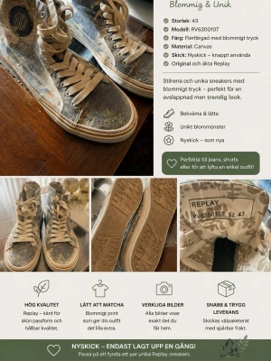 Replay Hig Top Sneakers  - Säljer ett par unika höga sneakers från Replay med flerfärgat blommigt tryck. Skorna är i canvasmaterial och har vita snören samt gummisula. Perfekta för dig som vill sticka ut med ett coolt mönster och bekväm passform.
