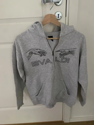 Grå hoodie med dragkedja och tryck - Säljer en grå hoodie med dragkedja och huva, storlek 165 cm 