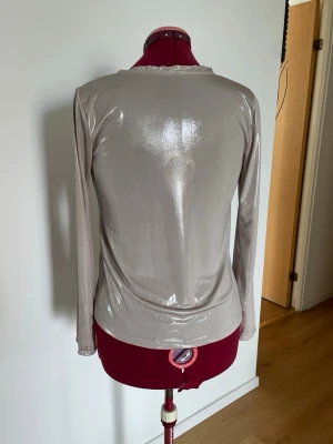 Glittrig silver långärmad topp - Snygg långärmad topp i glittrigt silvermaterial. Toppen har en figurnära passform och är tillverkad i ett stretchigt syntetmaterial som ger en cool metallic-look. Perfekt för dig som vill sticka ut lite extra.
