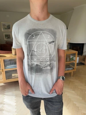 Hollister T-shirt grå herr - Hollister HCO T-shirt i grått med stilrent grafiskt tryck. Storlek M. Snygg och enkel modell som passar perfekt till jeans eller shorts. Bra skick.  #Hollister #HCO #Tshirt #Herrkläder #Streetwear #Casual #Preppy #SizeM #M