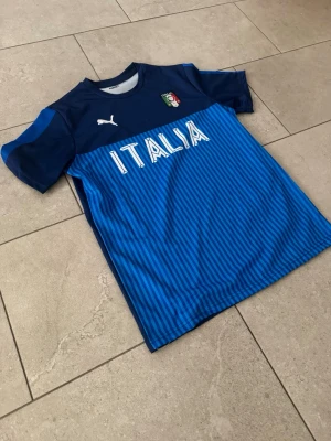 Blå Italien fotbollströja Puma - Snygg blå fotbollströja från Puma med Italiens landslagsemblem på bröstet och texten 'ITALIA' i vitt. Tröjan har korta ärmar, rund hals och tunna vertikala ränder i olika blå nyanser. Perfekt för match eller träning.