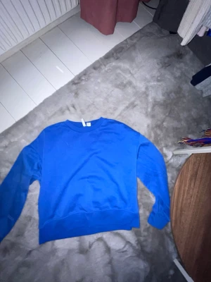 Blå sweatshirt från H&M Divided - En enkel och stilren blå sweatshirt från H&M Divided. Tröjan har rund halsringning, långa ärmar och ribbade muddar vid ärmslut och nederkant. Perfekt för en avslappnad look och lätt att matcha med jeans eller mjukisbyxor.