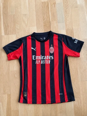 AC Milan matchtröja Puma röd/svart - Säljer en AC Milan matchtröja från Puma i rött och svart med vita detaljer. Tröjan har tryck med 'Emirates Fly Better' på framsidan och 'RAFA LEÃO 10' på ryggen. Korta ärmar och klassisk rund hals. Tillverkad i funktionsmaterial för sport.