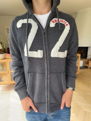 Hollister vintage zip hoodie 22 herr grå - Mörkgrå melerad zip-hoodie från Hollister med dragkedja. Klassiskt stort "22"-tryck samt broderad Hollister-logga över bröstet. Otroligt mjuk, stretchig och bekväm att bära. Har praktiska fickor framtill. Sparsamt använd och i bra skick. Defekt på fjärde bilden #hollister #zipup #hoodie #gråhoodie #dragkedja #vintagelook #casual #streetwear