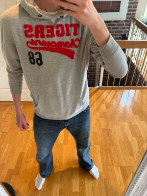 Grå hoodie  - Grå hoodie med snyggt tryck, storlek M, pris: 449 kr