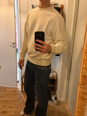 Beige sweatshirt med rund hals - En stilren beige sweatshirt med rund hals och långa ärmar. Tröjan har ribbade muddar vid ärmslut och nederkant, vilket ger en klassisk och avslappnad look. Perfekt att matcha med jeans för en enkel och snygg outfit.