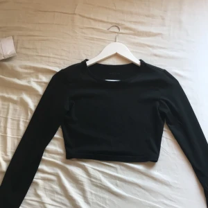 Svart långärmad croppad topp från Shein - Säljer en stilren svart långärmad topp från Shein. Den är croppad och passar perfekt för en trendig look. Toppen har en rund halsringning och är gjord i ett mjukt material. Skriv för intresse💞