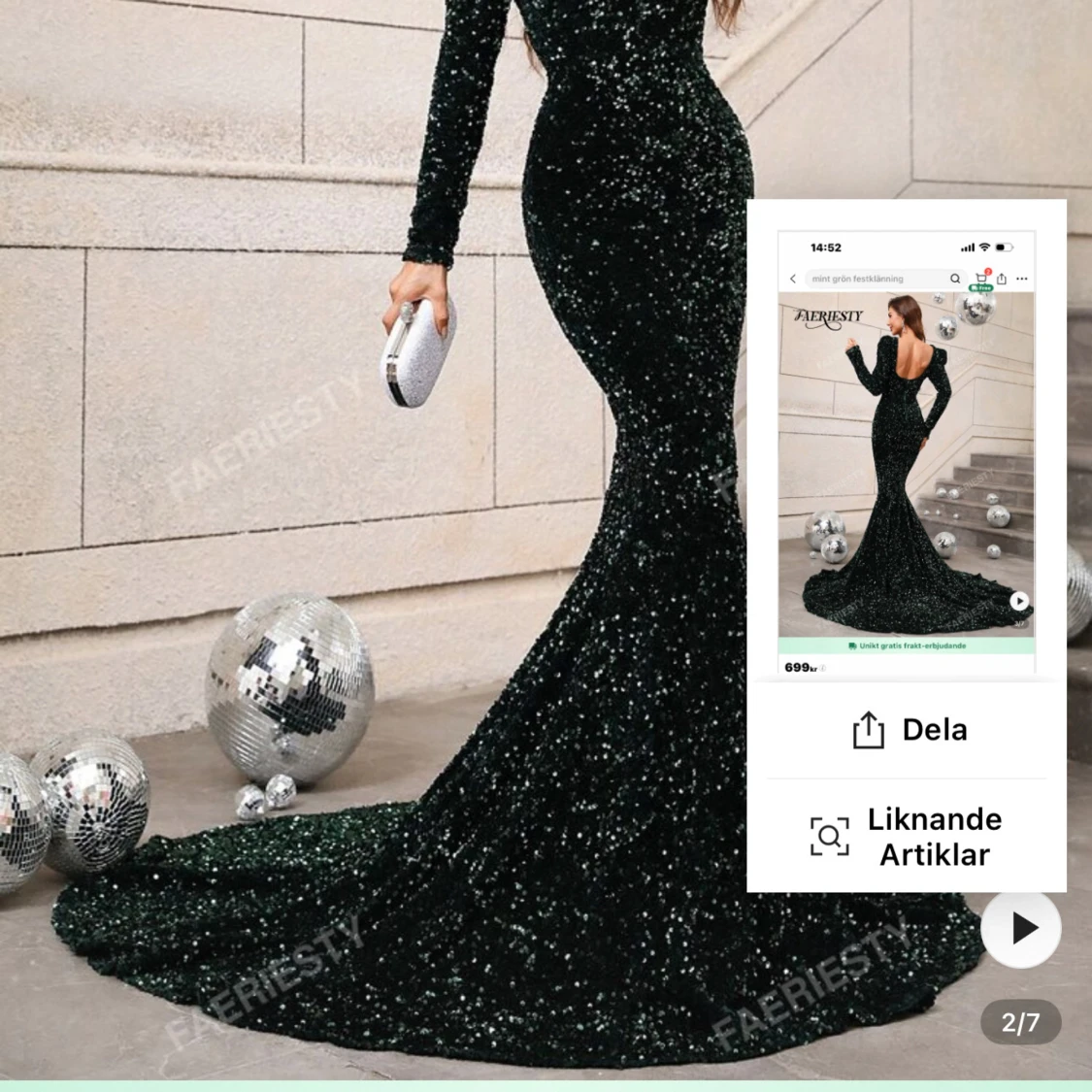 Mörkgrön glittrig långklänning - 2