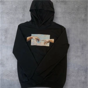 Svart hoodie med konstmotiv - Säljer en svart hoodie med ett konstmotiv på framsidan som föreställer två händer mot en molnig bakgrund. Tröjan har långa ärmar och en klassisk huva. Perfekt för en stilren och konstnärlig look. Den är lite tunnare i tjockleken. 