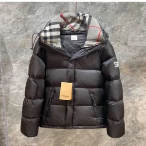 Svart dunjacka från Burberry - Säljer en snygg svart dunjacka från Burberry med klassiskt rutigt mönster på insidan av huvan. Jackan har en dragkedja och knappar framtill samt en logotyp på ärmen. Perfekt för kyliga dagar!