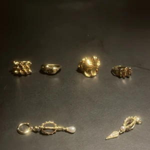 Guldiga ringar och örhängen - Ett set med fyra guldiga ringar och två örhängen. Ringarna har olika design, inklusive en med blommotiv och en med en slät yta. Örhängena har en hängande design med pärldetaljer och spetsiga avslut. Smyckena är från Pilgrim samt Edblad. Hör av er av intresse. Närbild, och pris kan diskuteras på alla smyckena. 200 kr för alla ringar.