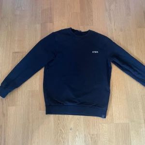 Svart sweatshirt från Pull&Bear - Säljer en svart sweatshirt från Pull&Bear med rund hals och liten vit STWD-logga på bröstet. Tröjan har långa ärmar och ribbade muddar vid ärmslut och nederkant. Perfekt basictröja för garderoben.