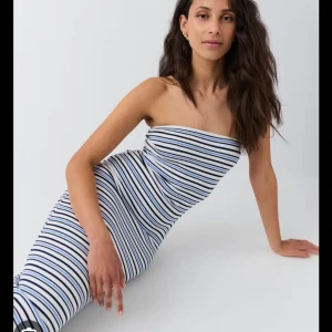 Randig axelbandslös långklänning - Supersnygg axelbandslös långklänning med smala mörkblå , blå och vita ränder. Klänningen har en tight passform och är perfekt för dig som gillar en stilren och trendig look. Mjuk och stretchig känsla som sitter skönt på kroppen.