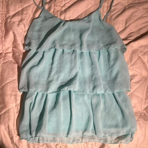 Ljusblå volangig linnetopp - Supersöt ljusblå linnetopp med tunna axelband och flera lager volanger. Toppen är luftig och har en flowy känsla, perfekt för varma dagar. Materialet känns lätt och svalt mot huden och ger en chill vibe till din outfit.