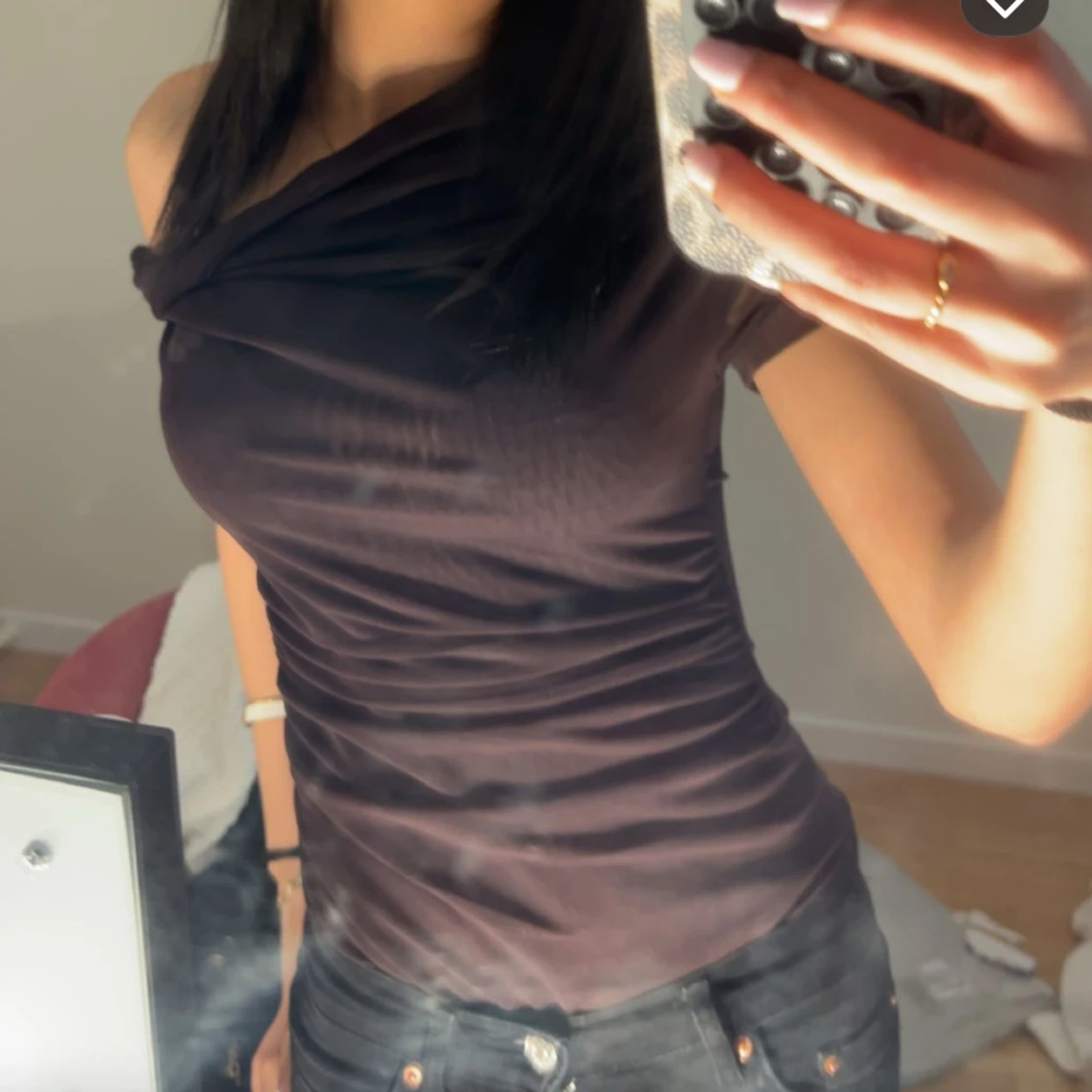 Brun one shoulder topp i mesh - 2